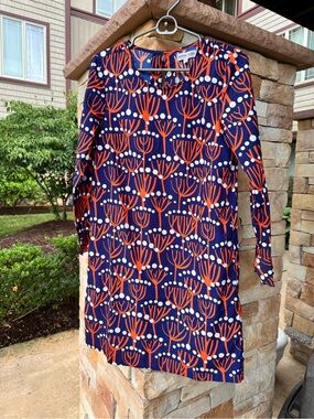 Navy Blue Dress with Orange & White Graphic Print